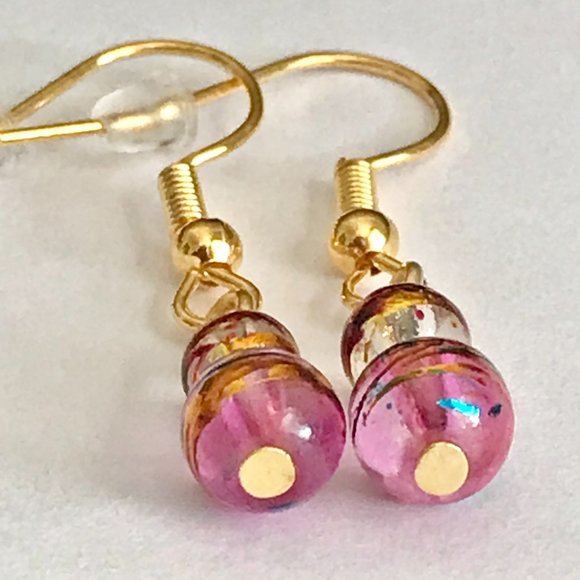 Pink Aqua Blue Murano Glass Earrings Bead Hand Painted Round Gold Plated Dangle - Picture 6 of 13
